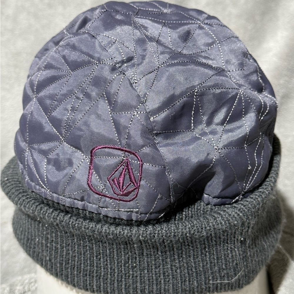 Volcom Quilted Beanie in Gray and Pink